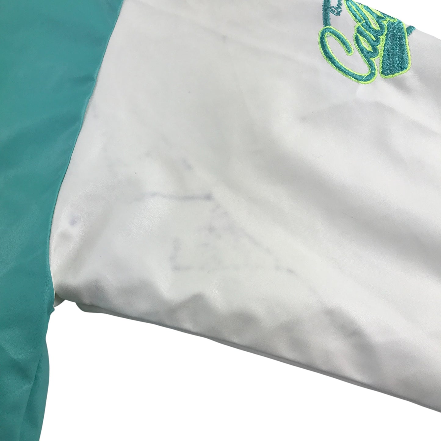 Baseball jacket size women's size M turquoise and white California embroidery faux leather