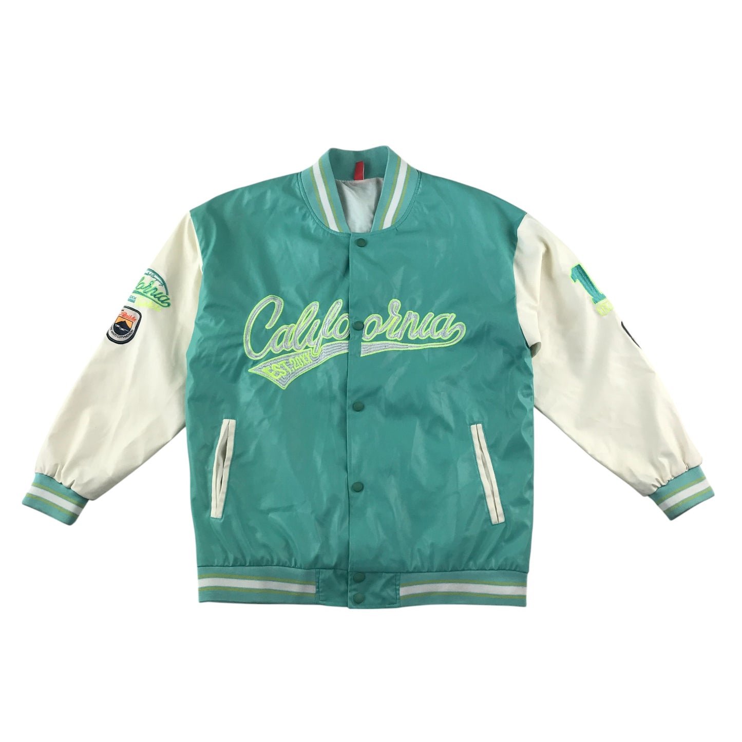 Baseball jacket size women's size M turquoise and white California embroidery faux leather