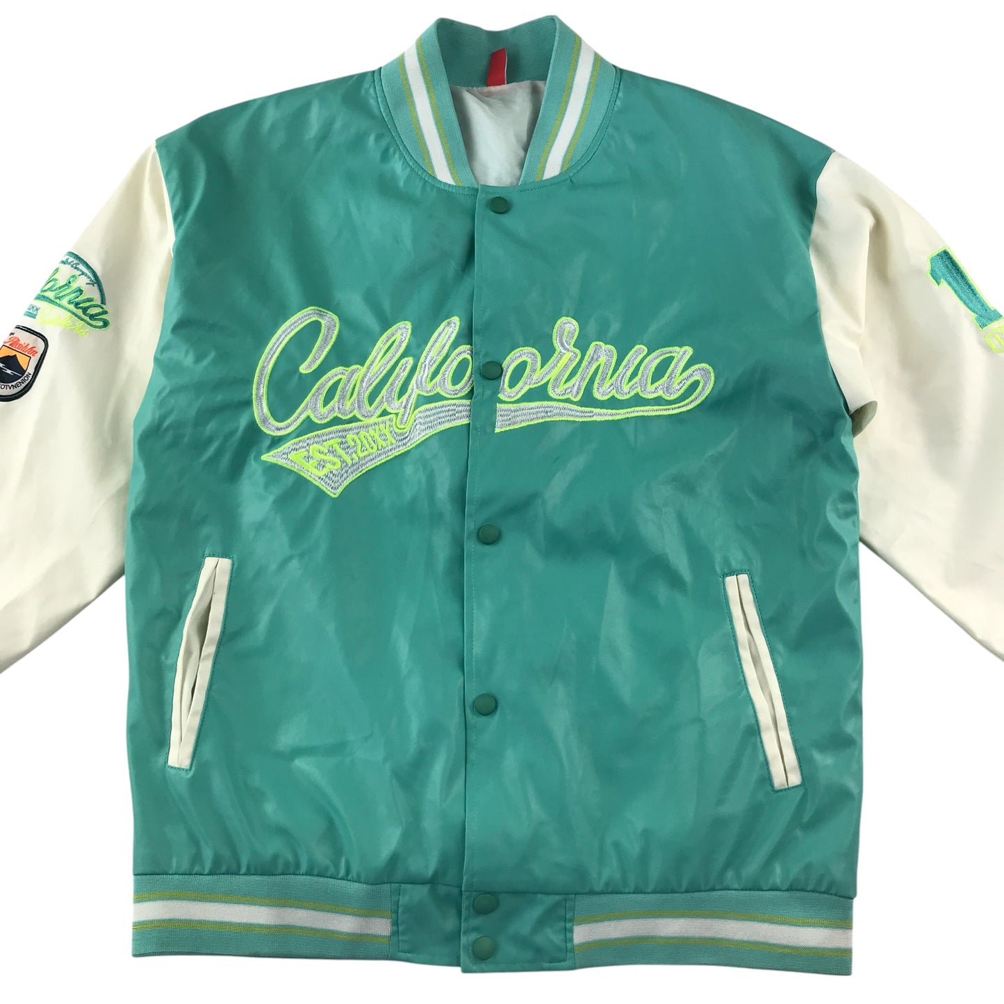 Baseball jacket size women's size M turquoise and white California embroidery faux leather