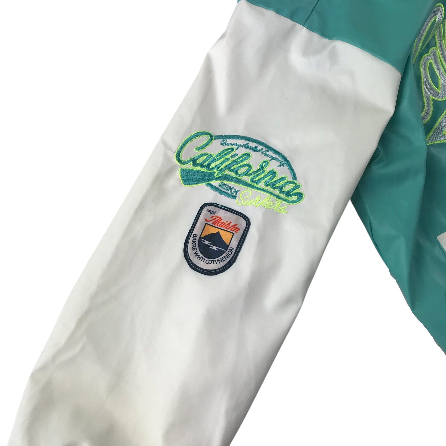 Baseball jacket size women's size M turquoise and white California embroidery faux leather