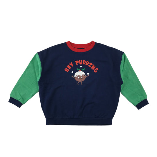 John Lewis Festive Sweatshirt 6-7 Years Navy Christmas Pudding with Light Green Sleeves Cotton