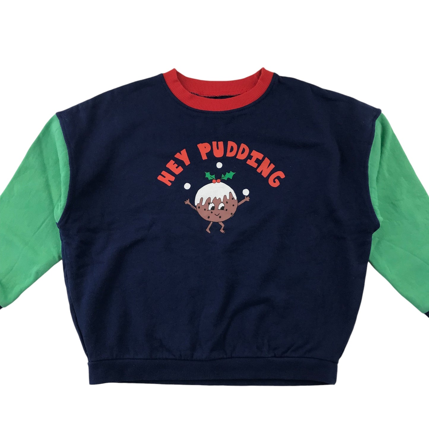 John Lewis Festive Sweatshirt 6-7 Years Navy Christmas Pudding with Light Green Sleeves Cotton