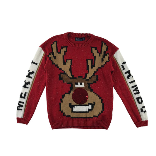 Next Festive Jumper 7-8 Years Red Rudolph Graphic with Sequin Red Noise