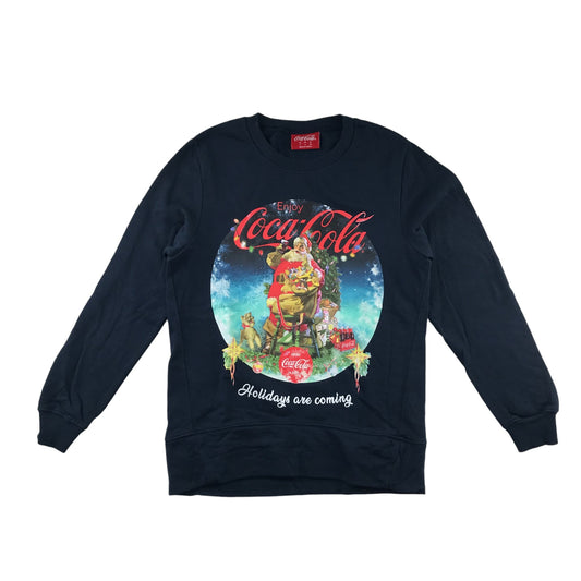 Tu Festive Sweatshirt Women's Size 8 Navy Coca Cola Santa Graphic Cotton