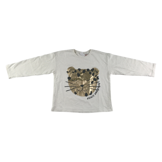 Zara T-Shirt 4-5 Years White with Gold Cat Pattern Long Sleeve