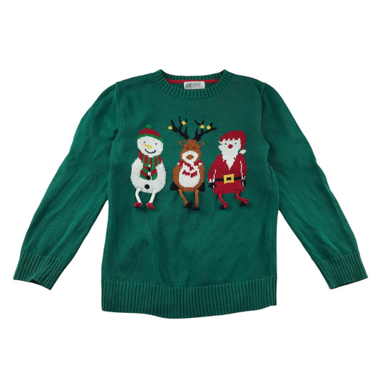 H&M Festive Jumper 7-8 Years Green Snowman Reindeer and Santa Graphic Cotton