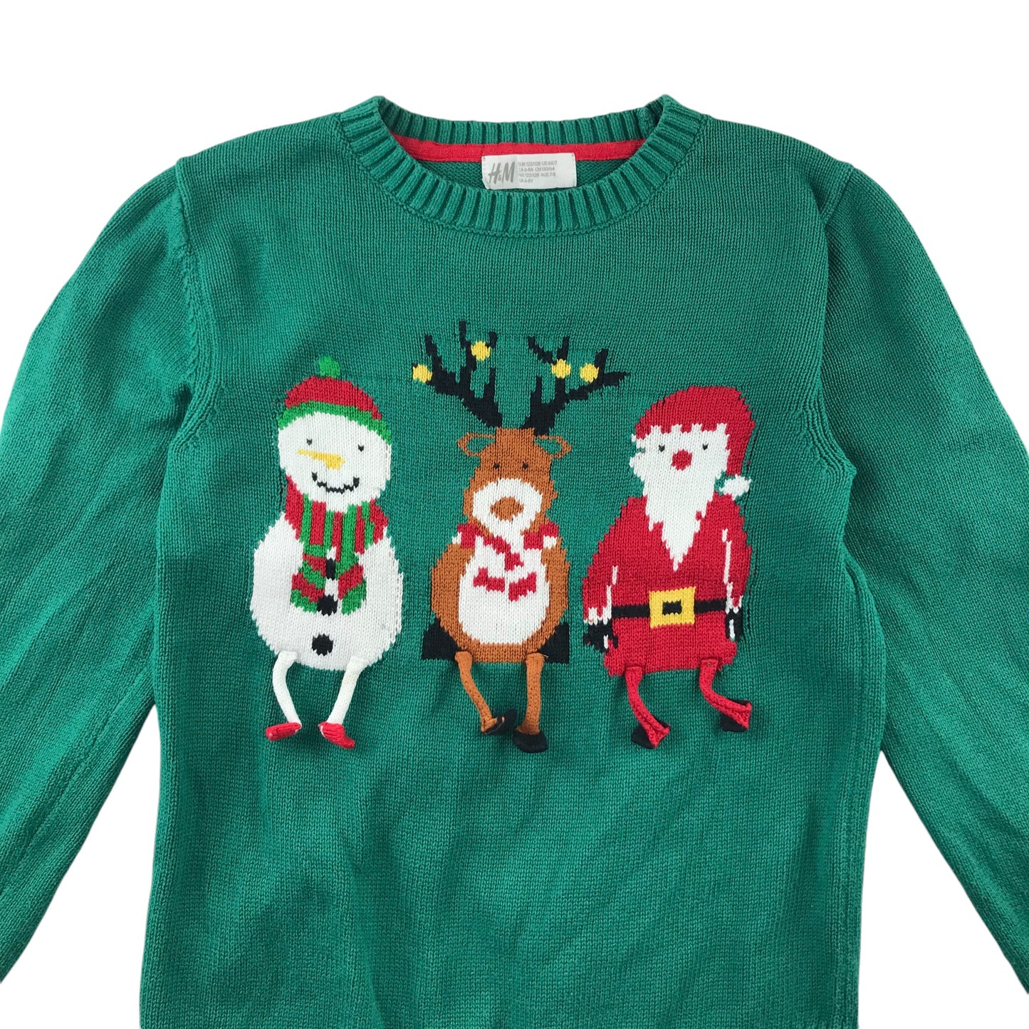 H&M Festive Jumper 7-8 Years Green Snowman Reindeer and Santa Graphic Cotton