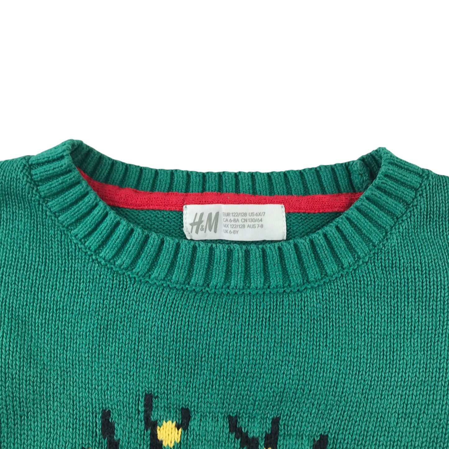 H&M Festive Jumper 7-8 Years Green Snowman Reindeer and Santa Graphic Cotton