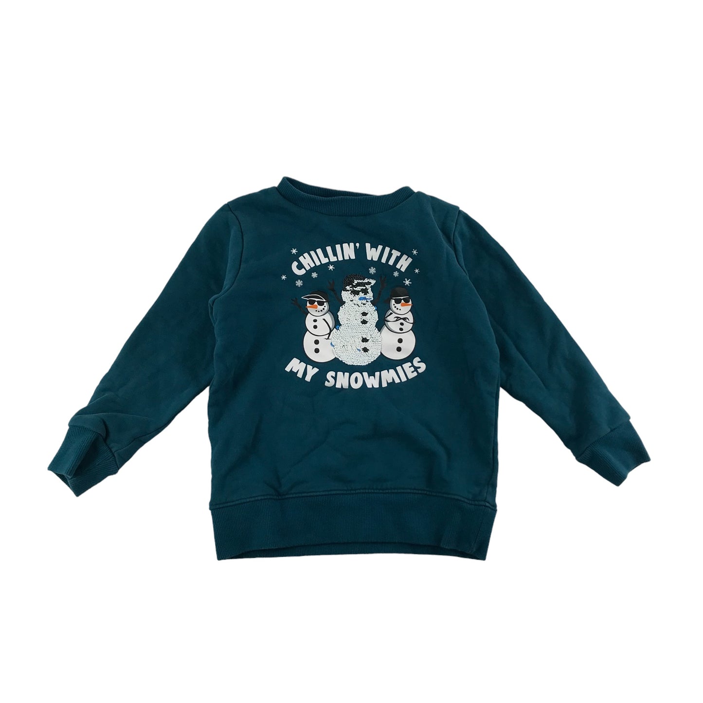 Next Christmas Jumper Age 5 Teal Blue Sequin Snowman Graphic Jersey Long Sleeve