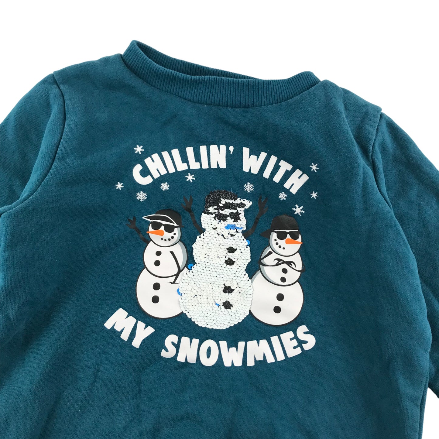 Next Christmas Jumper Age 5 Teal Blue Sequin Snowman Graphic Jersey Long Sleeve