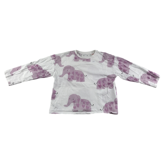 Zara T-Shirt 4-5 Years White Long Sleeve Glittery Elephant Pattern Cotton