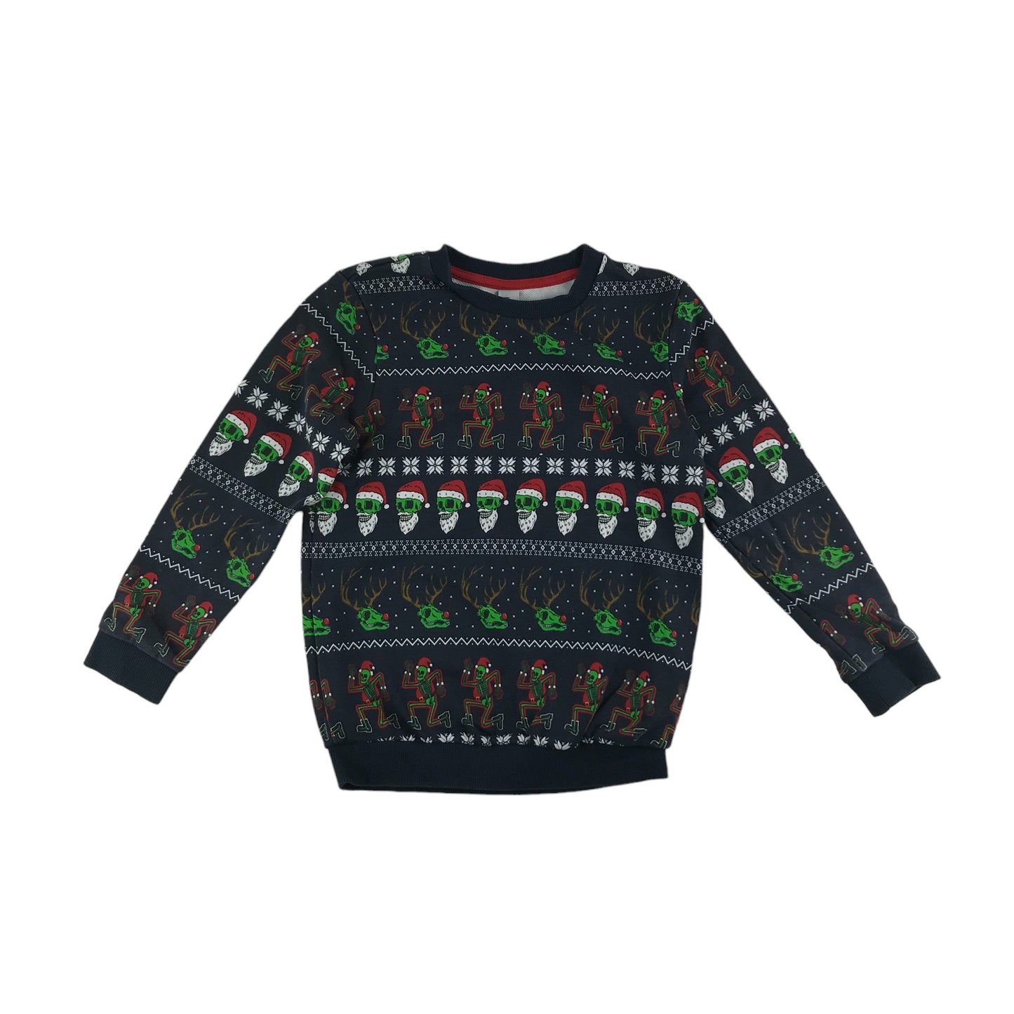 Tu Christmas Jumper Age 7 Navy Festive Skeleton Santa Reindeer Pattern Jersey Long Sleeve