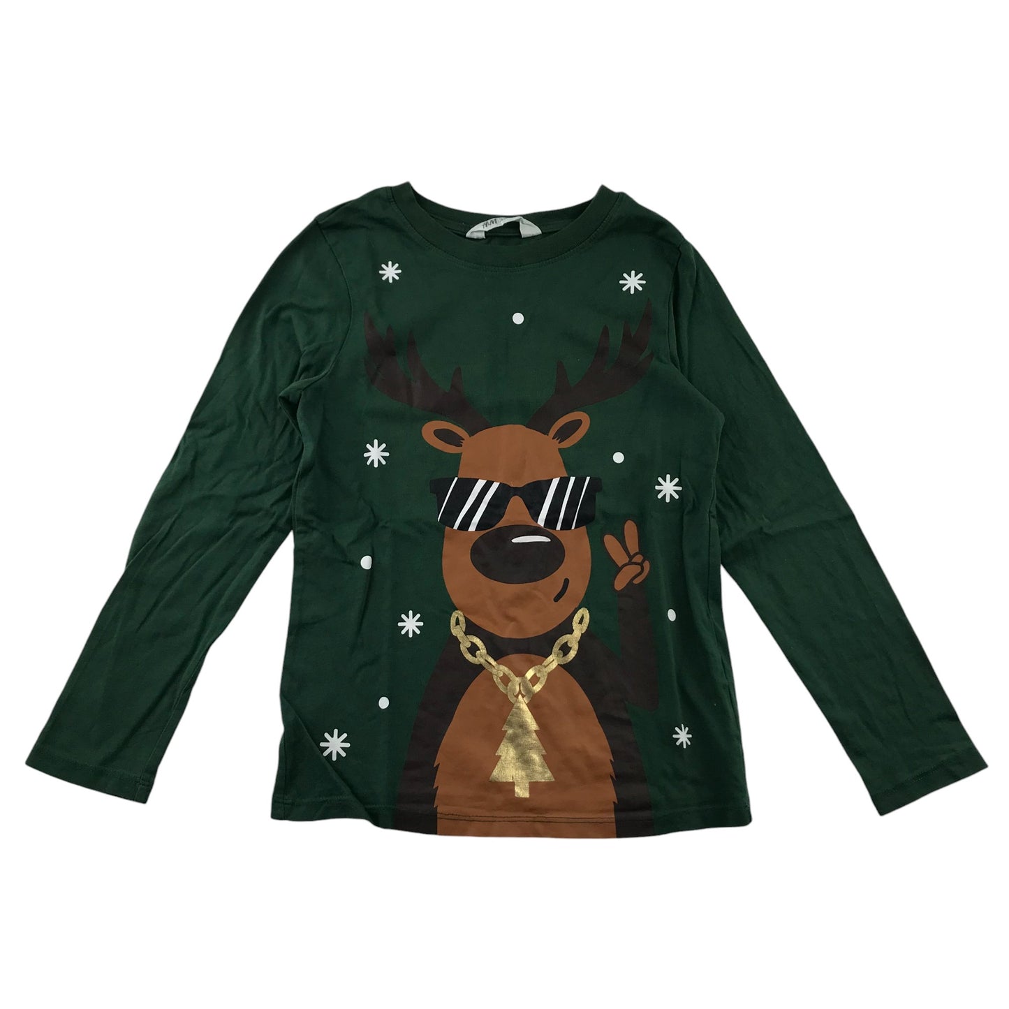 H&M Festive T-Shirt 7-8 Years Green Reindeer with Sunglasses and Chain Cotton