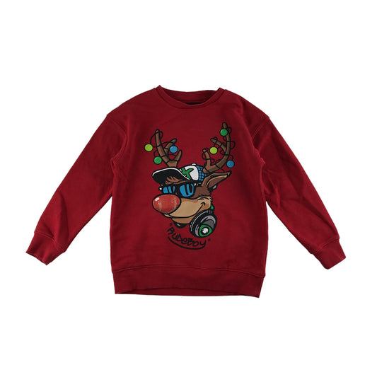 Next Christmas Jumper Age 7 Red Reindeer Rudolph Graphic Jersey Long Sleeve