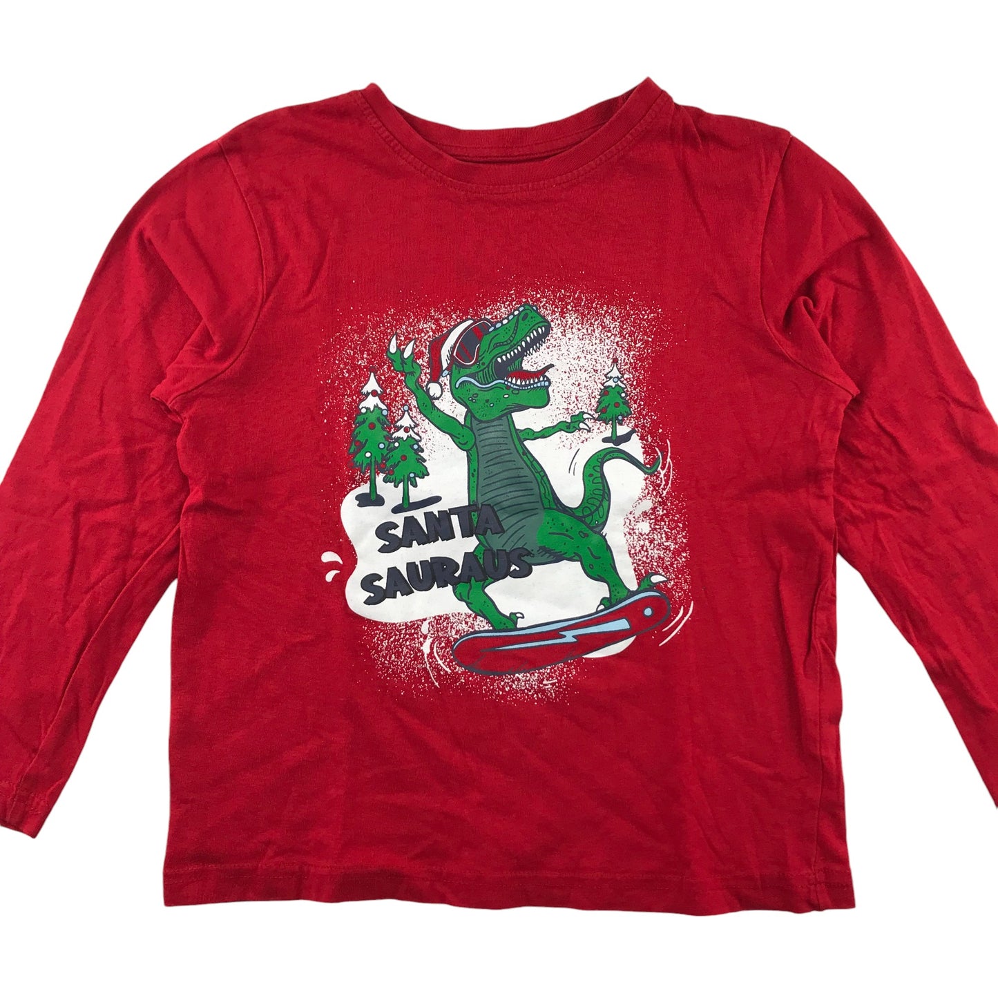 Primark Festive T-Shirt 7-8 Years Red Snow Boarding T-Rex Graphic Cotton
