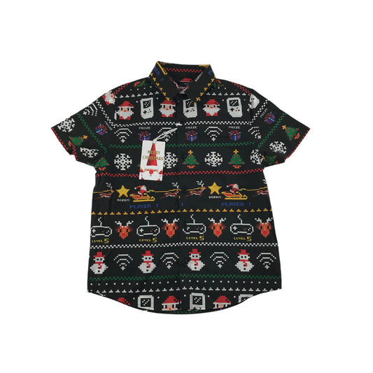 Next Christmas Shirt Age 5 Black Santa Snowman Reindeer Festive Pattern Graphic Short Sleeve