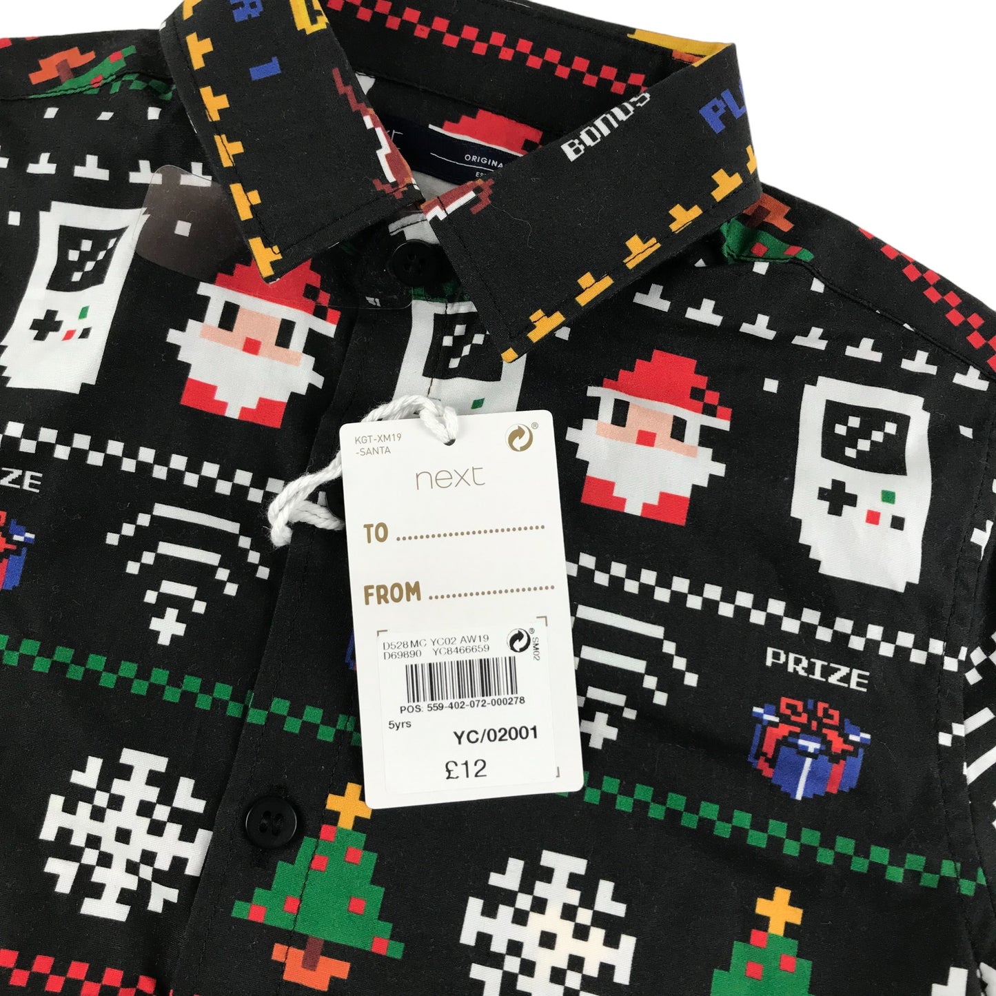 Next Christmas Shirt Age 5 Black Santa Snowman Reindeer Festive Pattern Graphic Short Sleeve