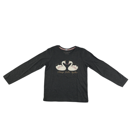 Primark T-Shirt 5-6 Years Dark Grey Swan Print Long Sleeve