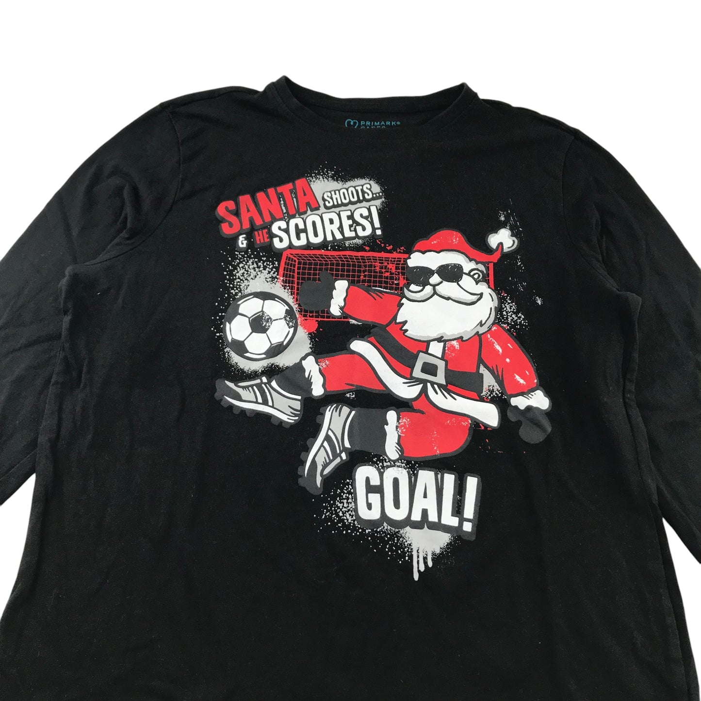 Primark Festive T-Shirt 14-15 Years Black Santa Football Graphic