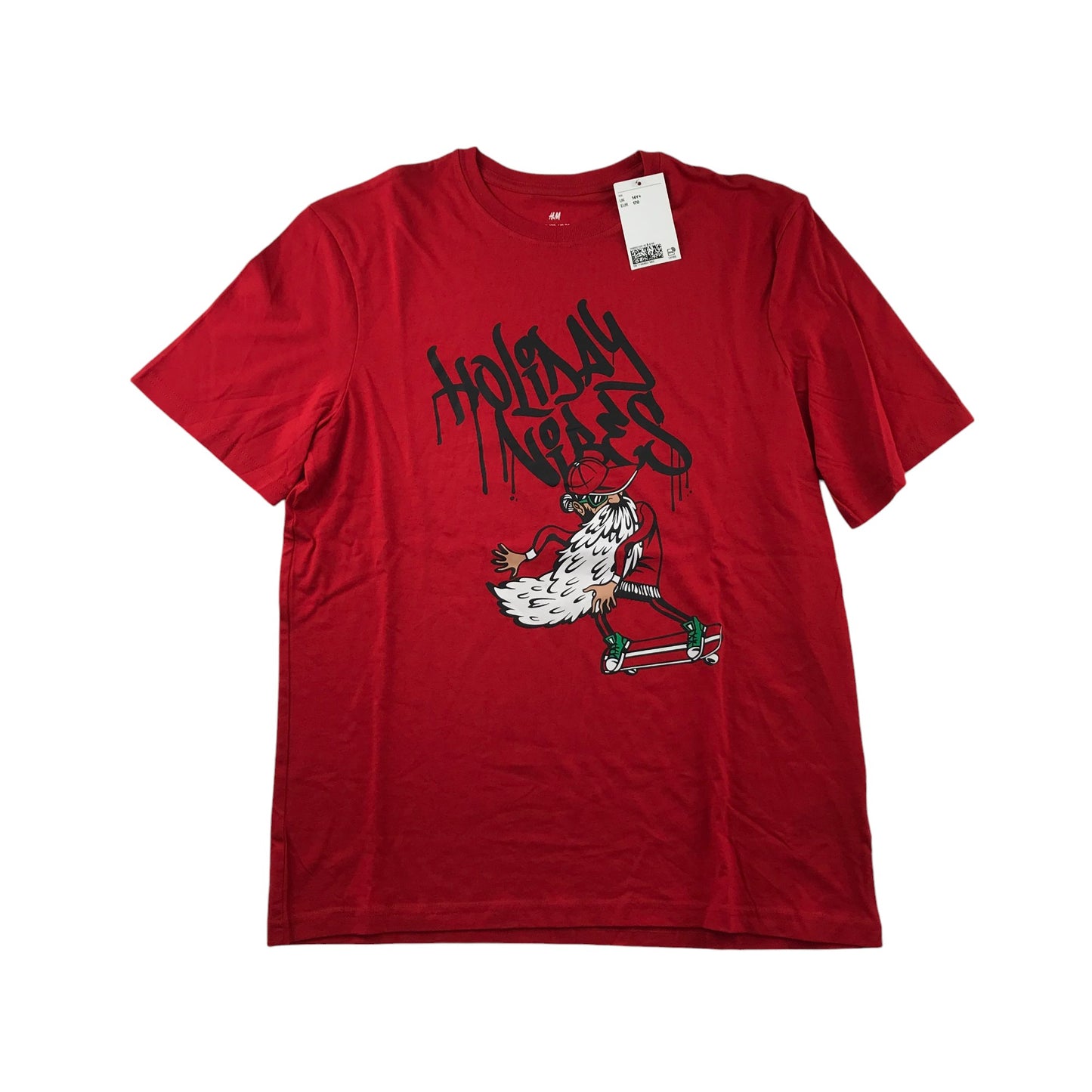 H&M Festive T-Shirt 14-15 Years Red Skateboard Santa Graphic Cotton