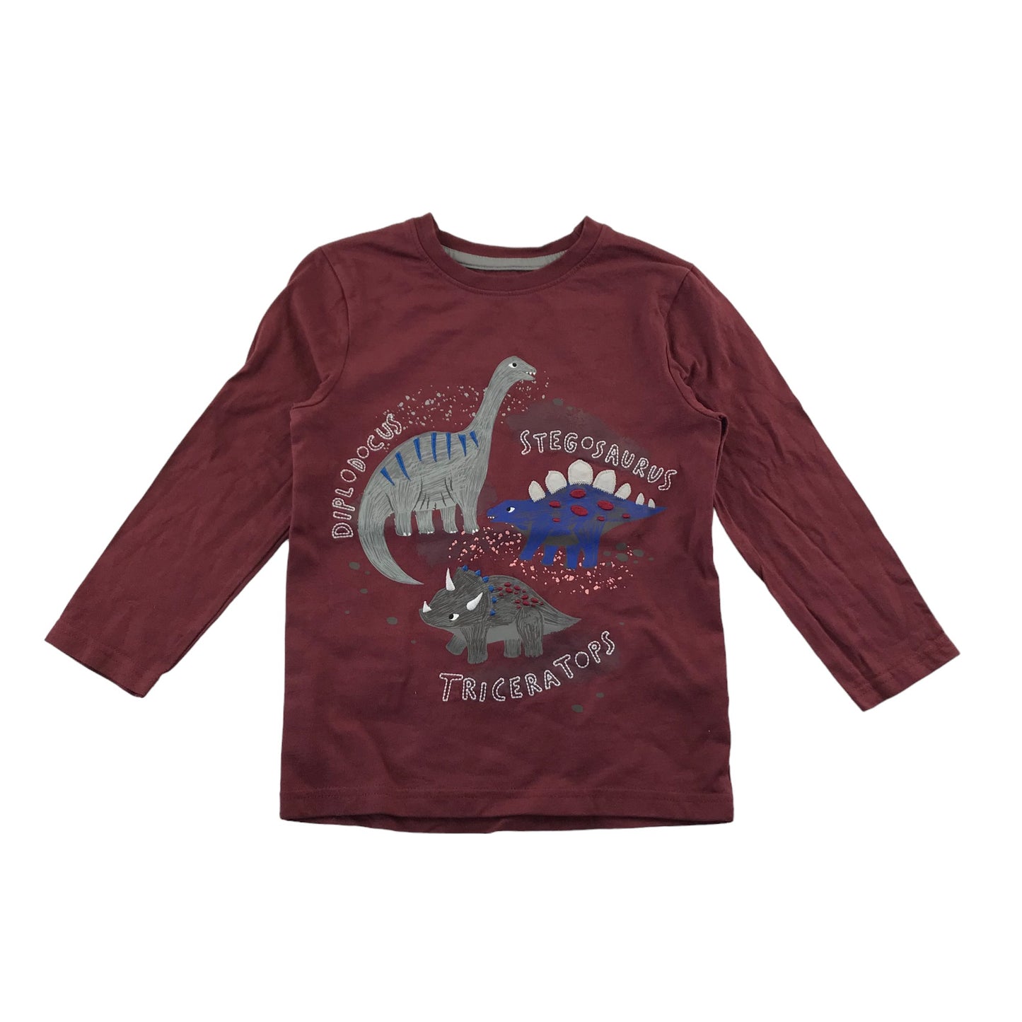 Nutmeg T-shirt Age 5 Burgundy Dinosaur Print Pattern Long Sleeve Cotton