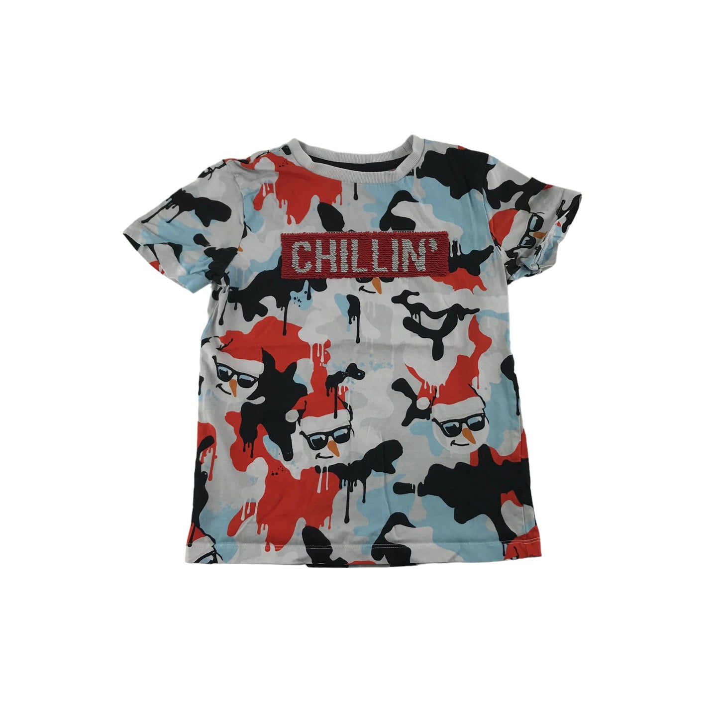 Next Christmas T-Shirt Age 7 White Snowman Camo Chillin' Sequin Text Graphic Short Sleeve