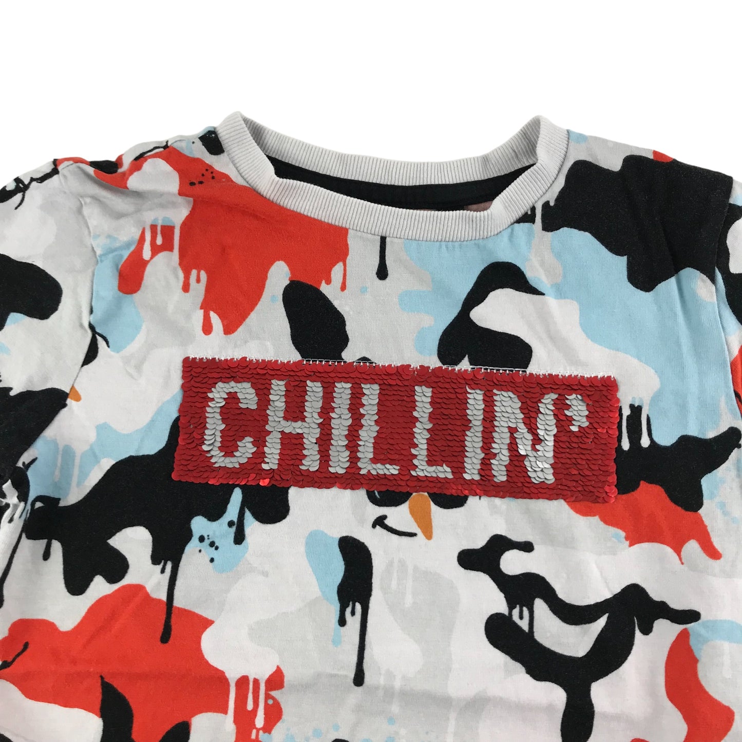 Next Christmas T-Shirt Age 7 White Snowman Camo Chillin' Sequin Text Graphic Short Sleeve