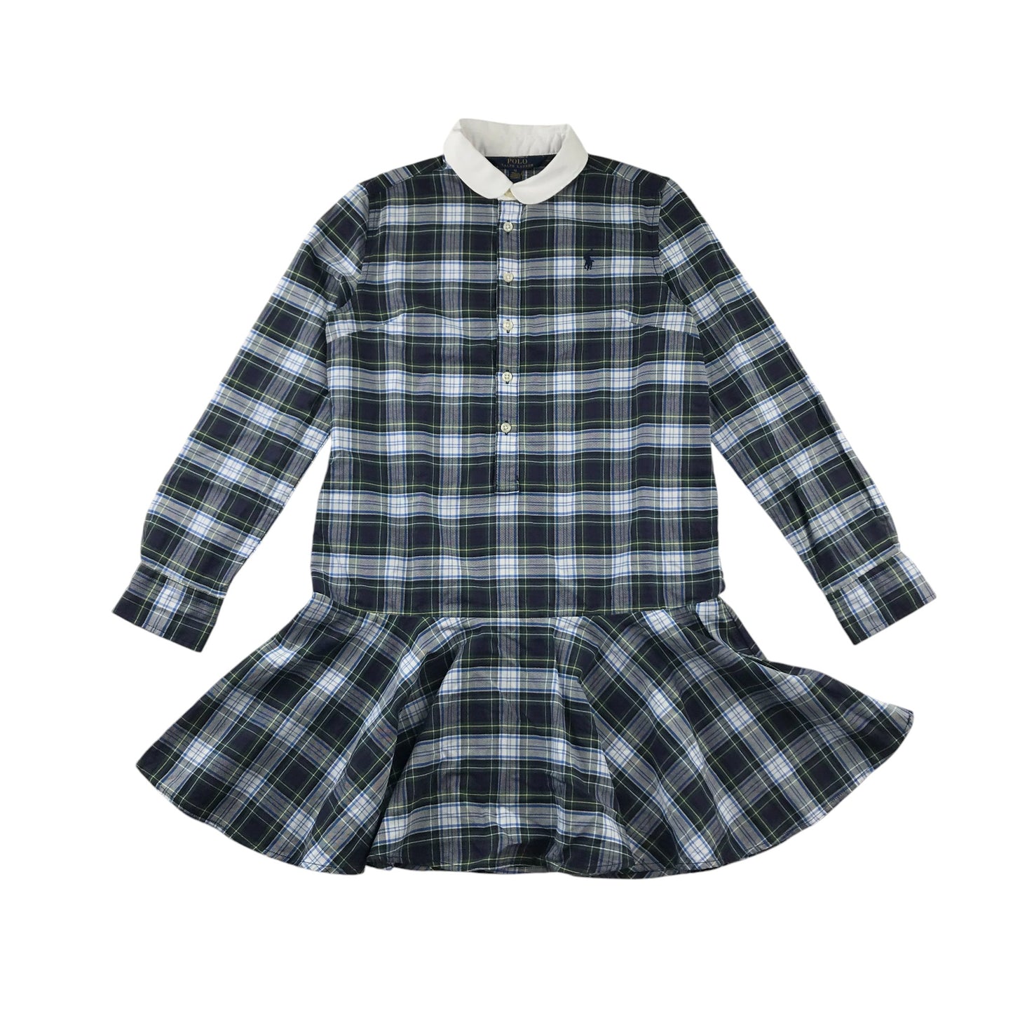 Ralph Lauren dress 11-12 years green and navy checked shirt dress with low peplum hem cotton