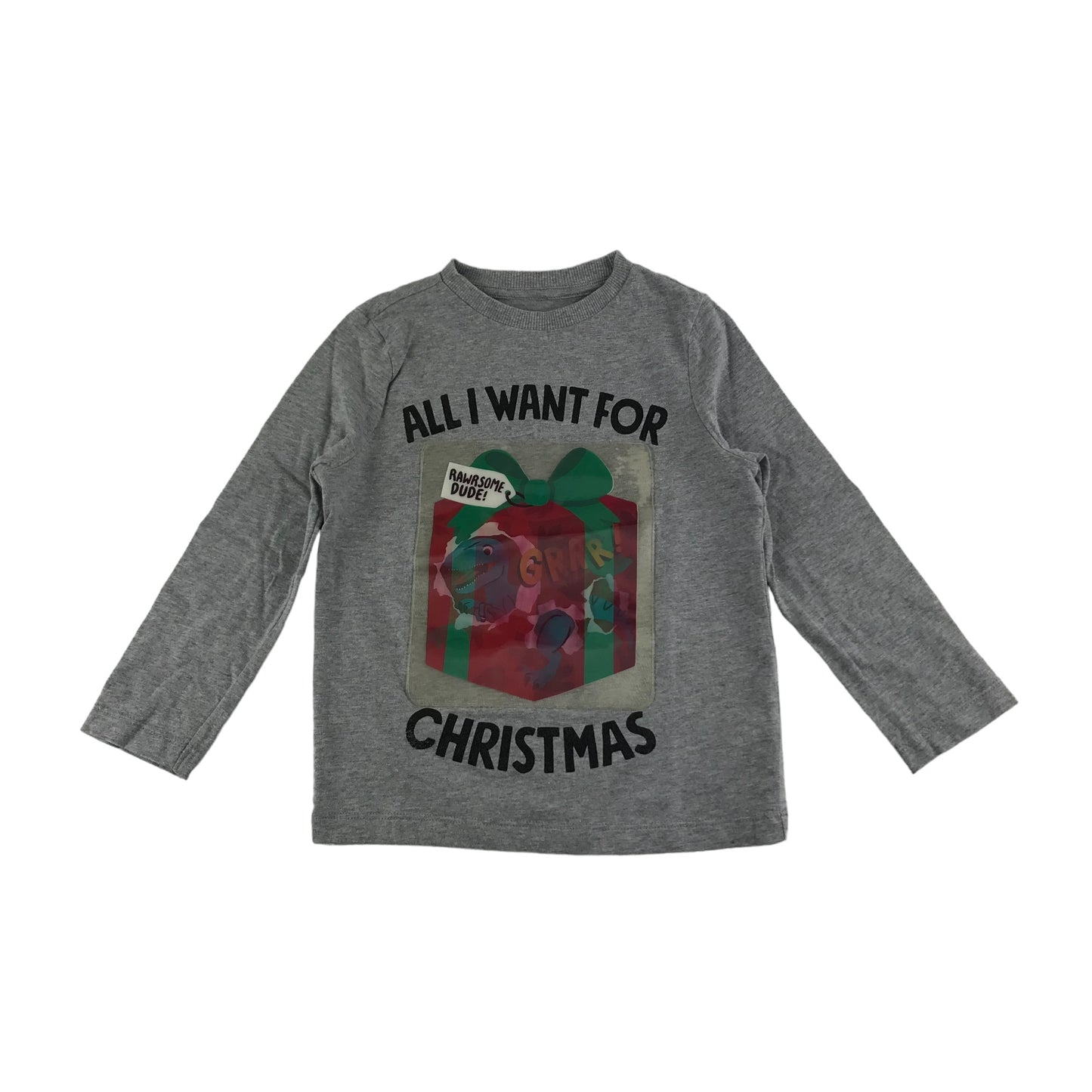 F&F Christmas T-Shirt Age 4 Grey Dinosaur Present Graphic Long Sleeve