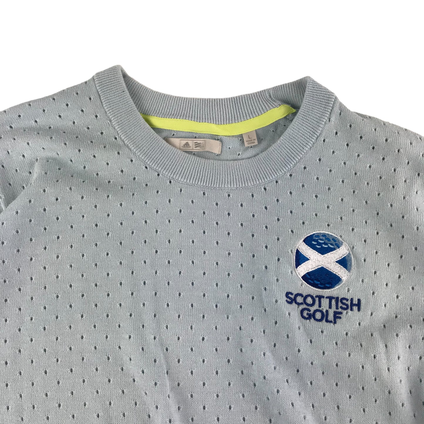 Adidas Scottish Golf Jumper Women size Large Light Blue Long Sleeve Knitted