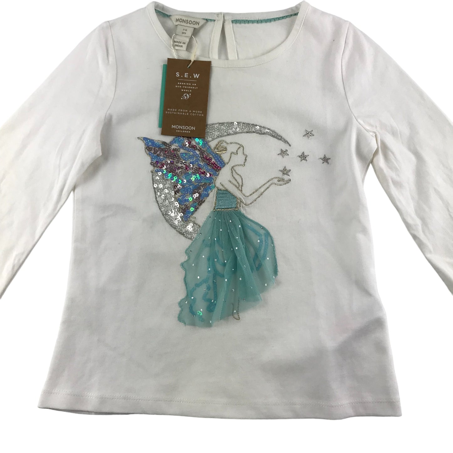 Monsoon T-shirt Age 7 White Sequin Fairy and Moon Long Sleeve