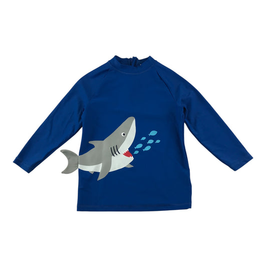 M&S swim top 6-7 years blue shark graphic design with fin popping out rash uv