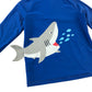 M&S swim top 6-7 years blue shark graphic design with fin popping out rash uv