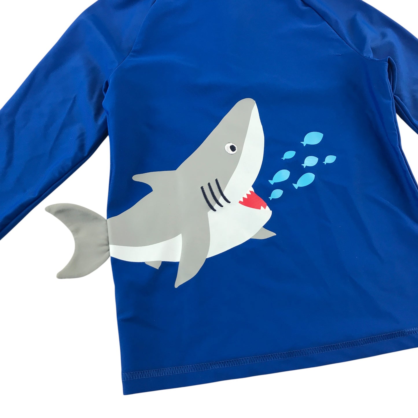 M&S swim top 6-7 years blue shark graphic design with fin popping out rash uv