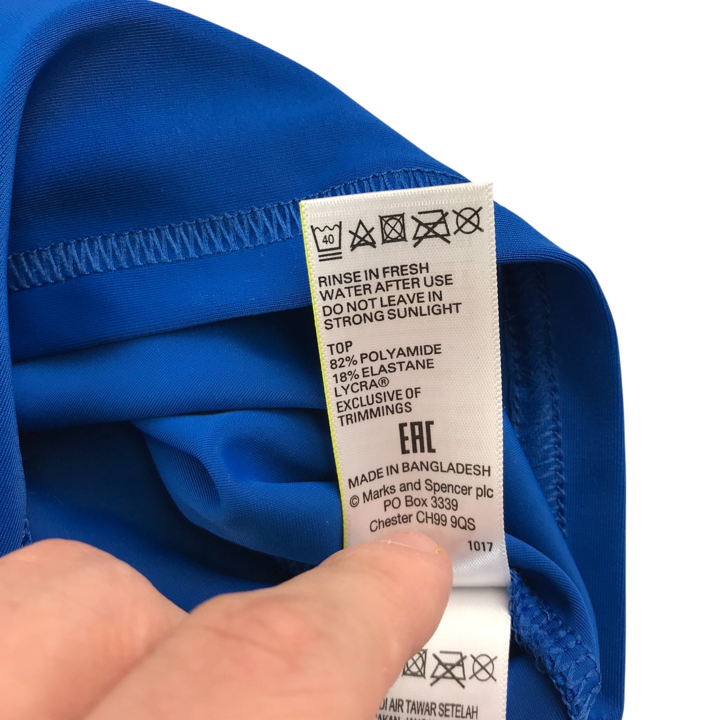 M&S swim top 6-7 years blue shark graphic design with fin popping out rash uv