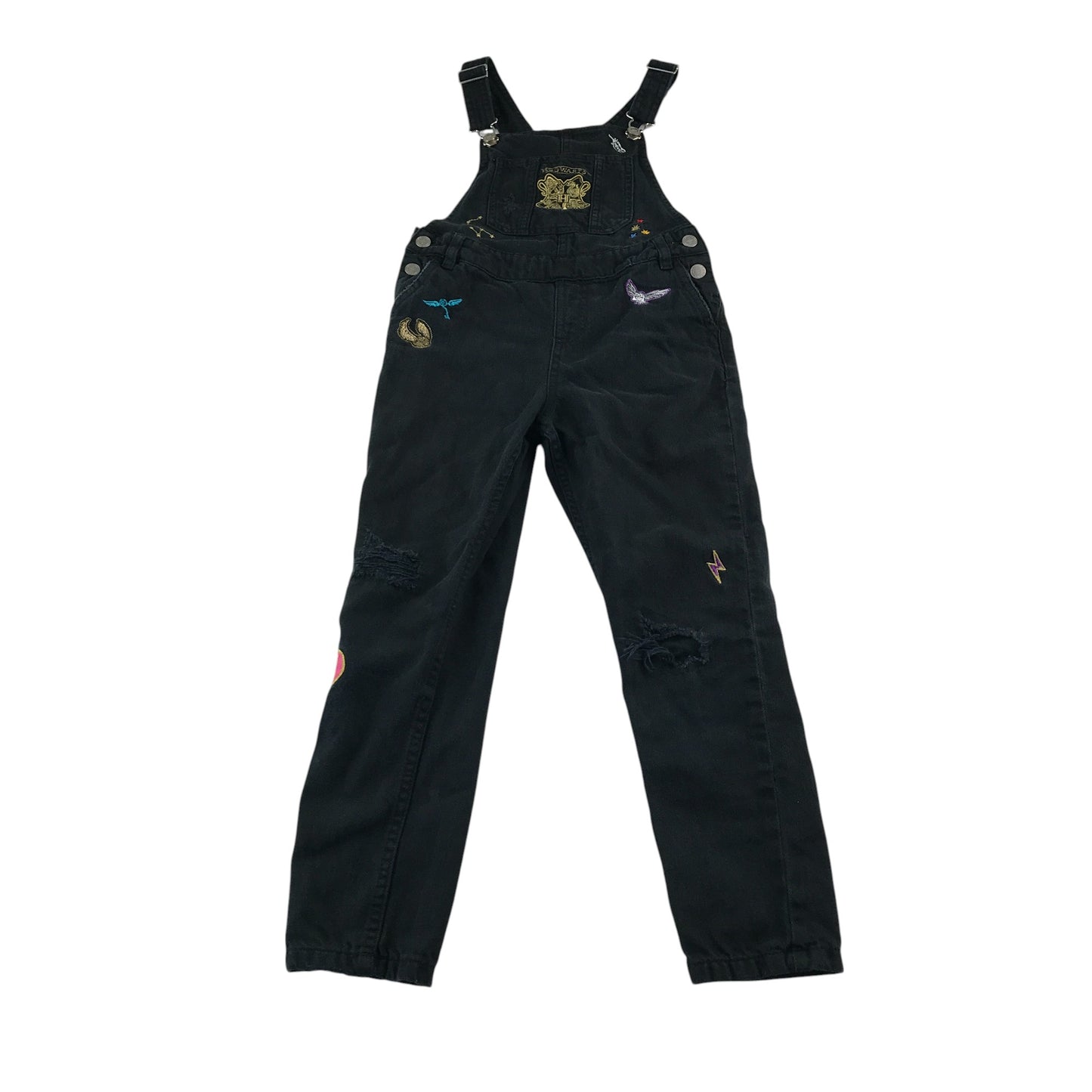 M&S dungaree 8-9 years black denim Harry Potter Hogwarts with embroidered patches