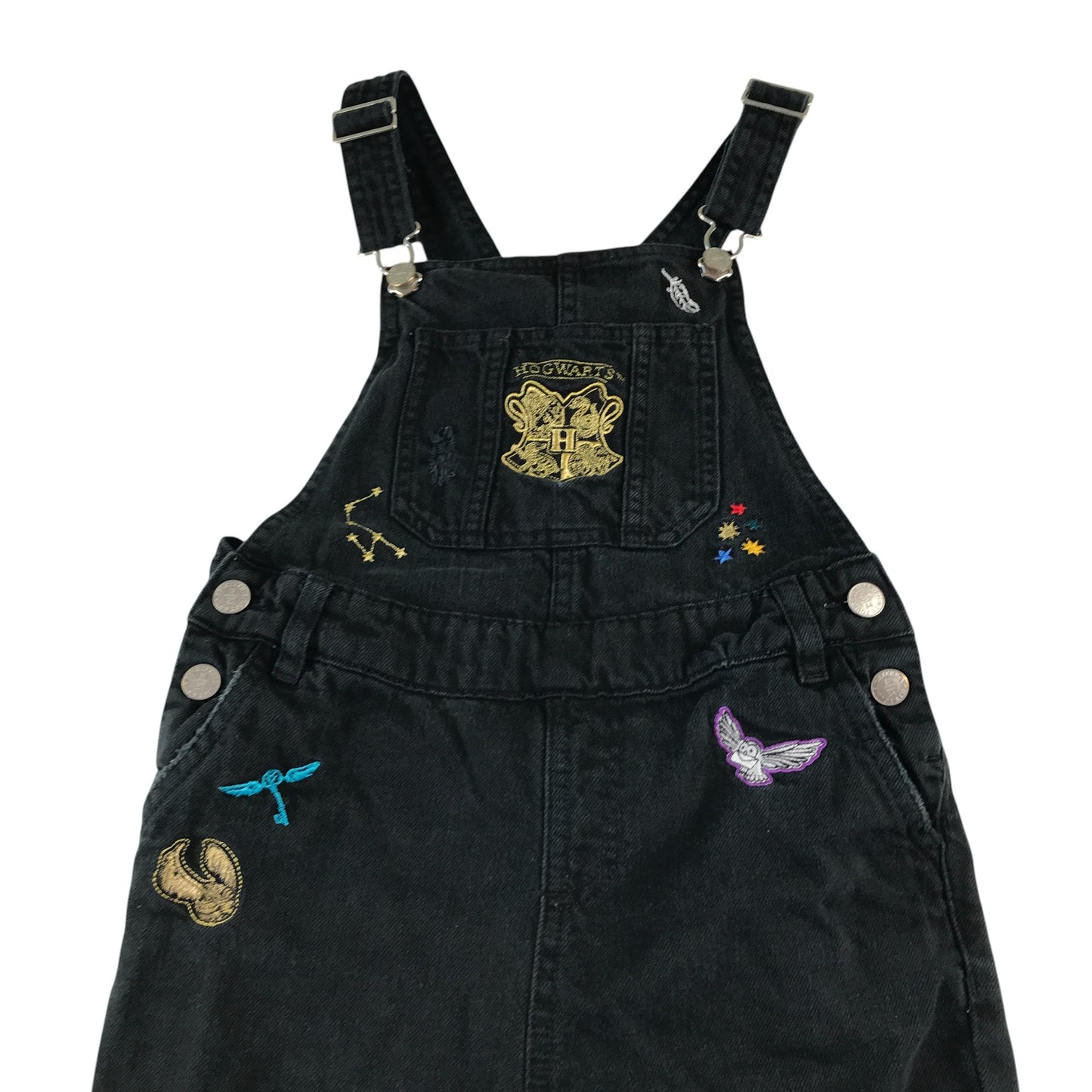 M&S dungaree 8-9 years black denim Harry Potter Hogwarts with embroidered patches