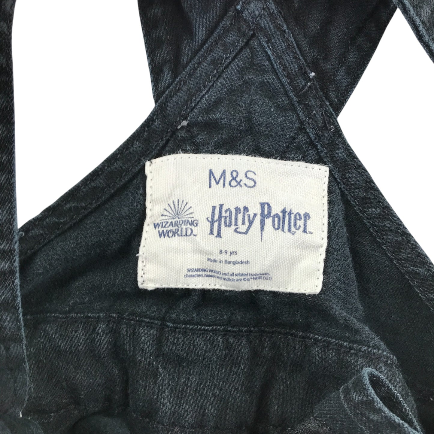 M&S dungaree 8-9 years black denim Harry Potter Hogwarts with embroidered patches