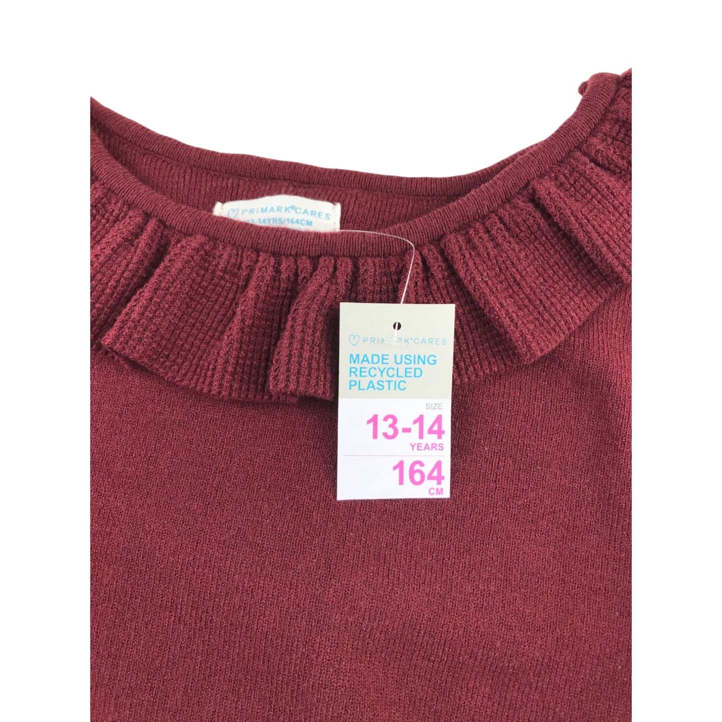 Primark jumper 13-14 years burgundy stretchy long sleeve frilled neckline