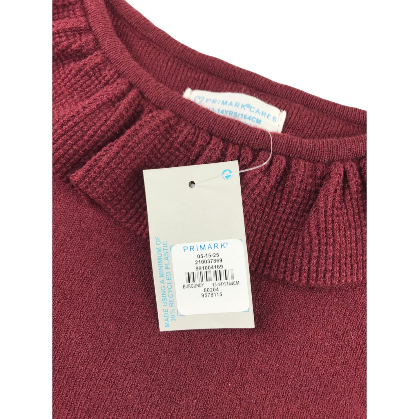 Primark jumper 13-14 years burgundy stretchy long sleeve frilled neckline