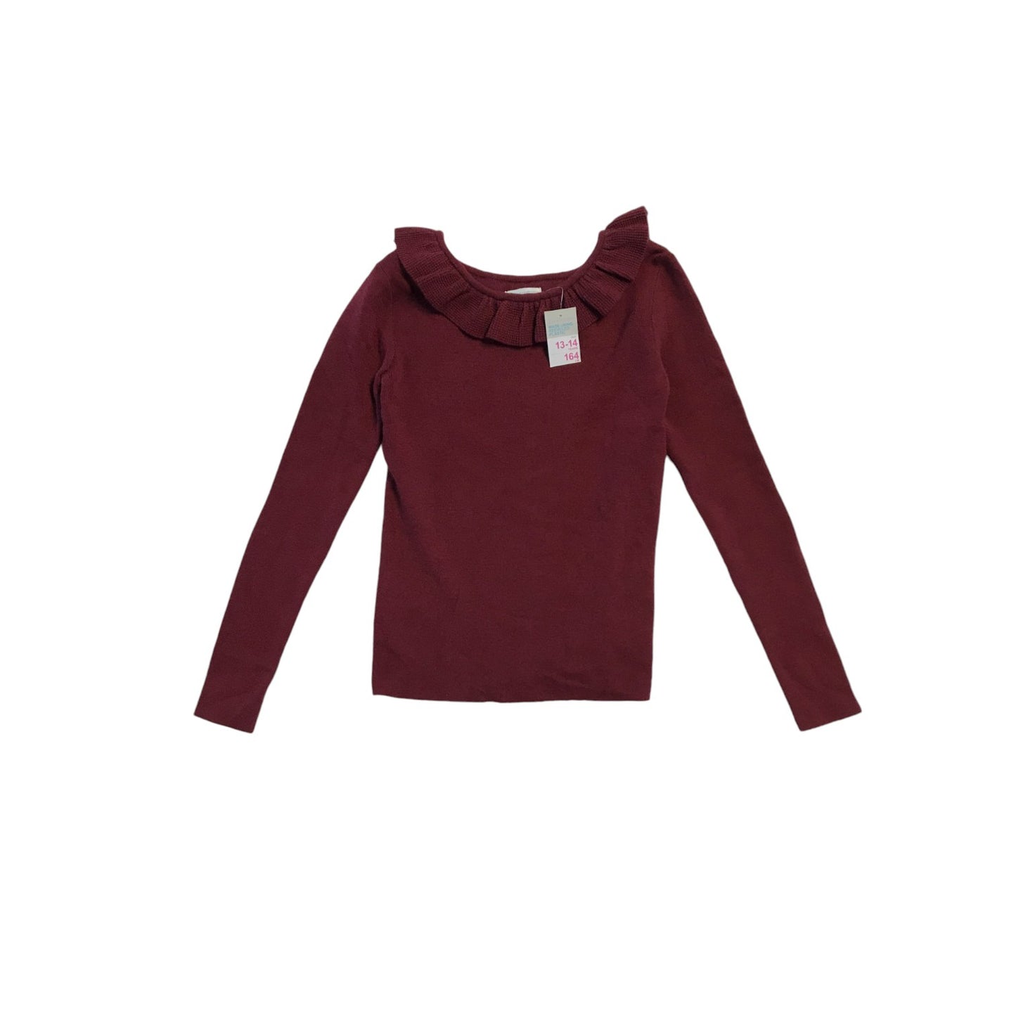 Primark jumper 13-14 years burgundy stretchy long sleeve frilled neckline