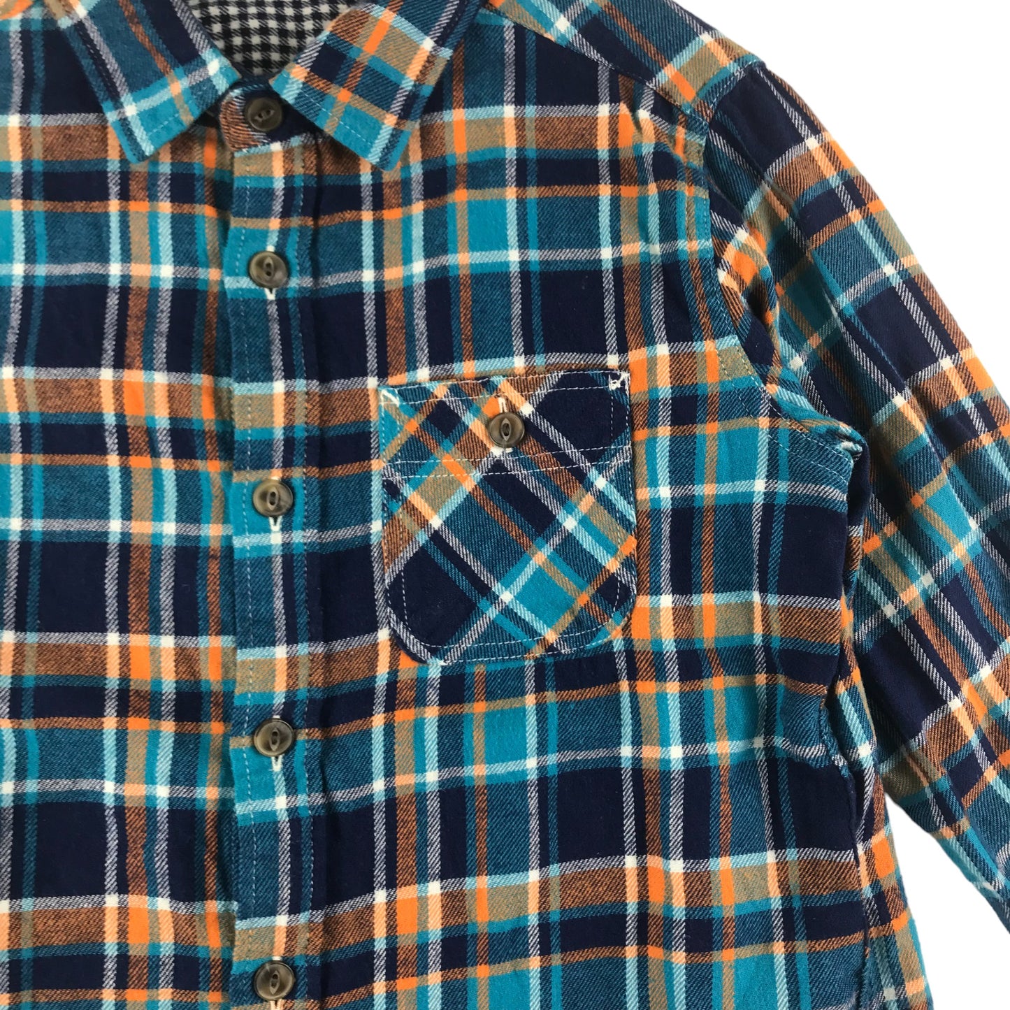 Uniqlo Shirt Age 7 Blue and Orange Checked Flannel Button Up Cotton