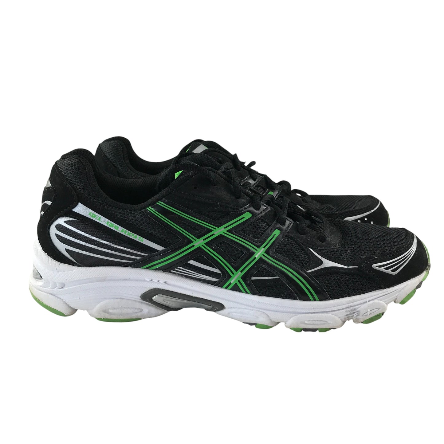 Asics trainers shoe size UK 10.5 black white soles and green detailing