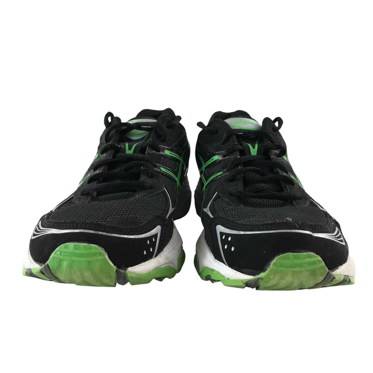 Asics trainers shoe size UK 10.5 black white soles and green detailing