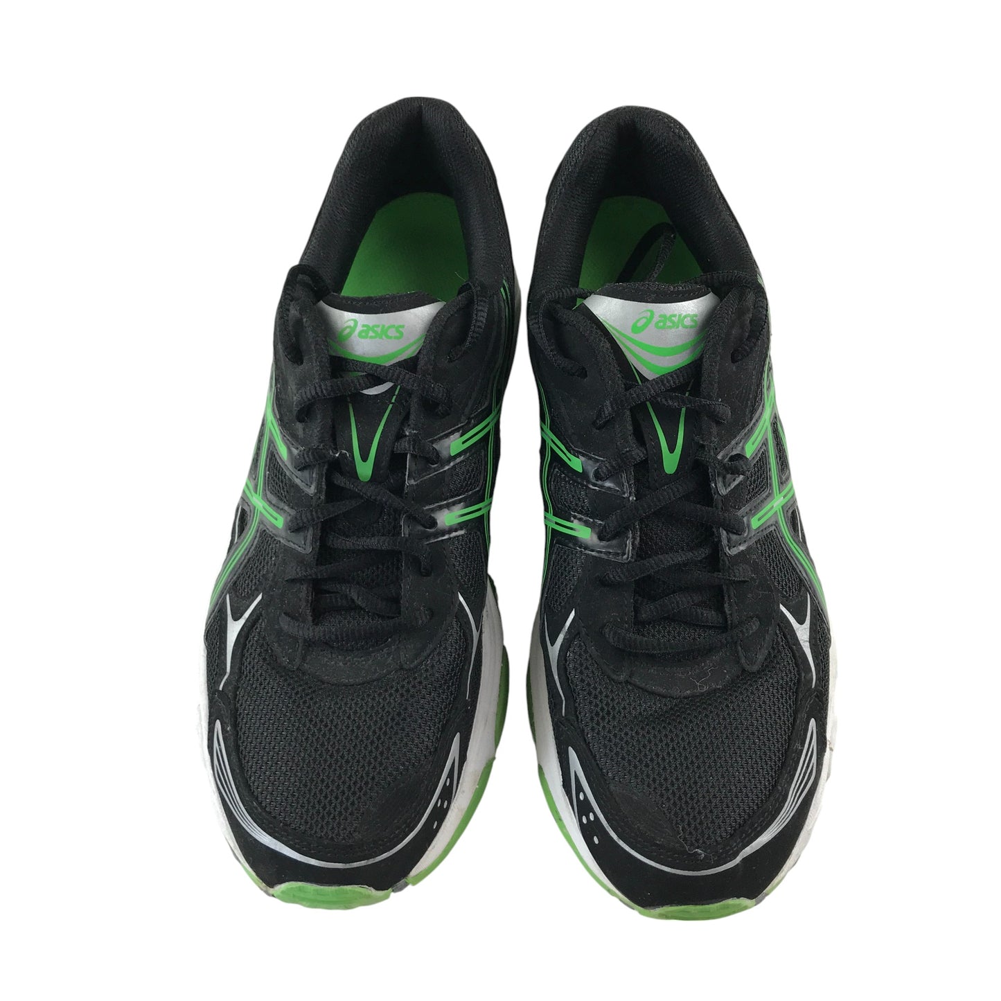 Asics trainers shoe size UK 10.5 black white soles and green detailing