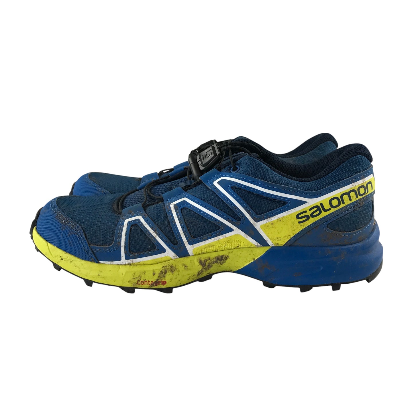 Salomon trainers shoe size UK 4 blue and yellow speed cross pull cord slip on