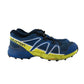 Salomon trainers shoe size UK 4 blue and yellow speed cross pull cord slip on