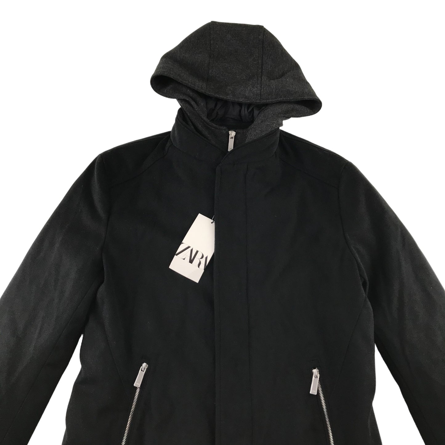 Zara coat size S black hooded smart casual zipper fastening