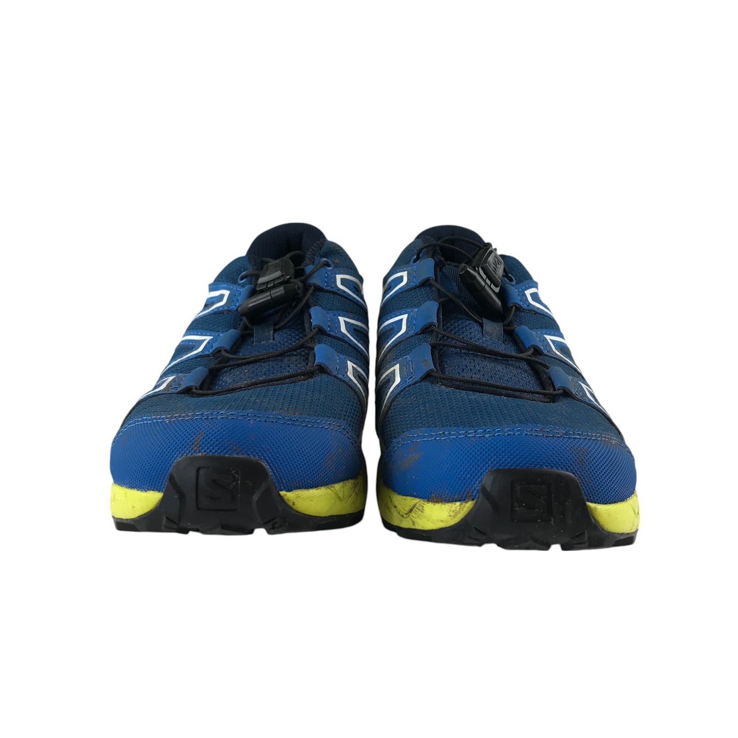 Salomon trainers shoe size UK 4 blue and yellow speed cross pull cord slip on