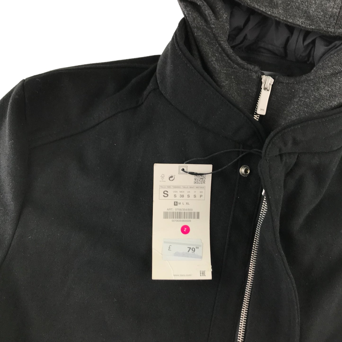 Zara coat size S black hooded smart casual zipper fastening